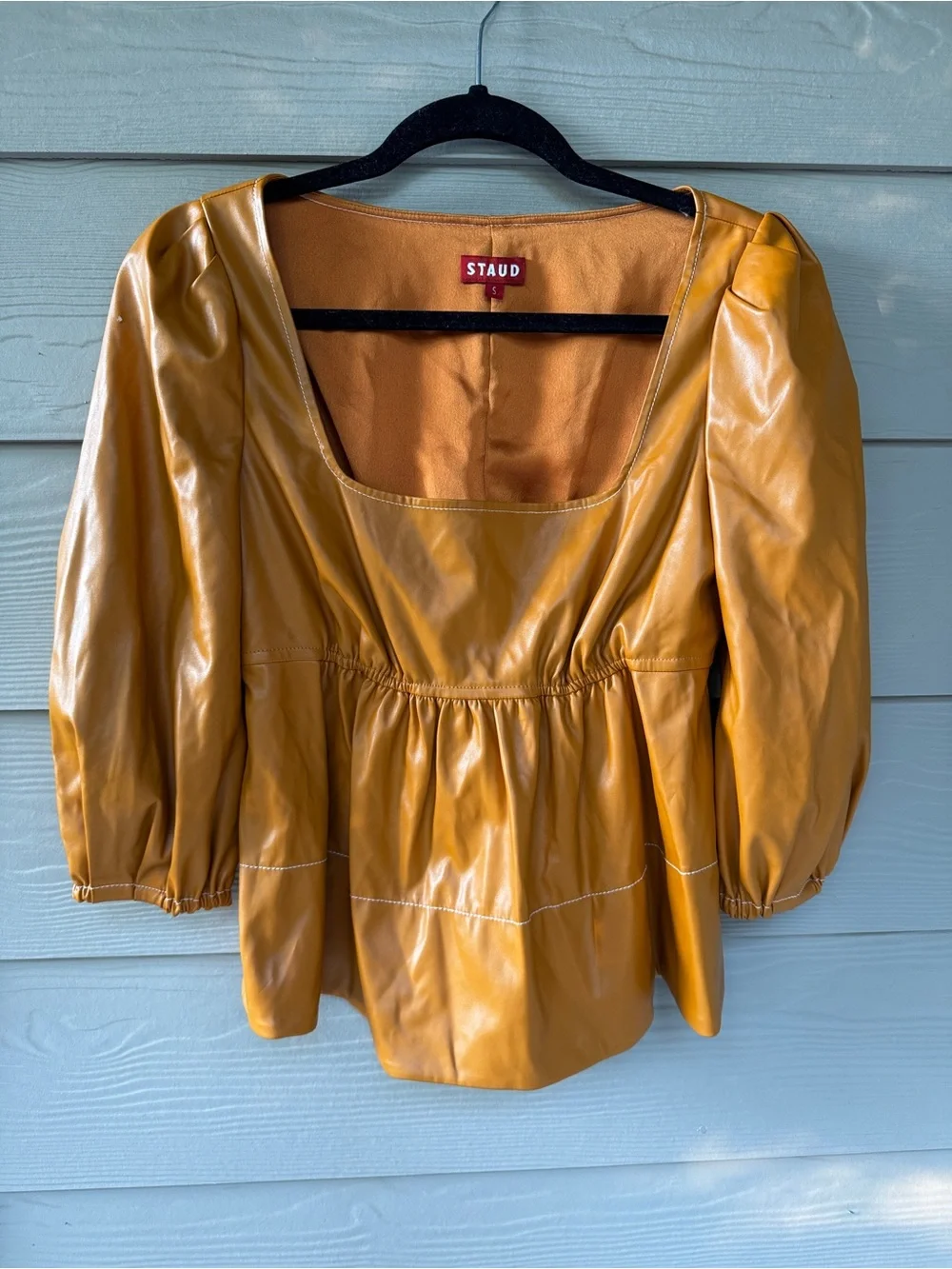 STaud Women’s S yellow Faux Leather Puff Sleeve Peplum Square Neck Blouse Top